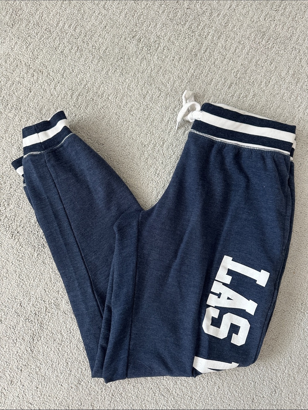 NWOT Exist what happens in Vegas -Navy Blue Track Joggers with White Accents